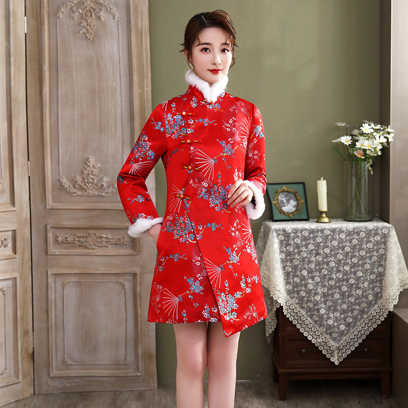 保暖兔毛领中长款红色棉服外套冬季年轻款少女婚宴喜庆复古中国风