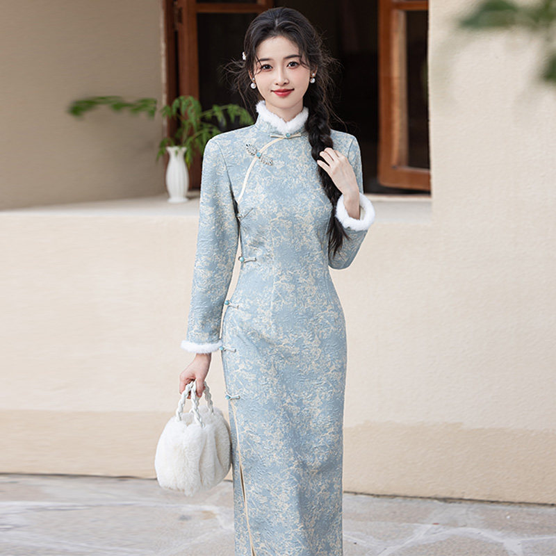 提花复合加绒加厚旗袍长袖连衣裙2025秋冬季新款年轻款新中式改良
