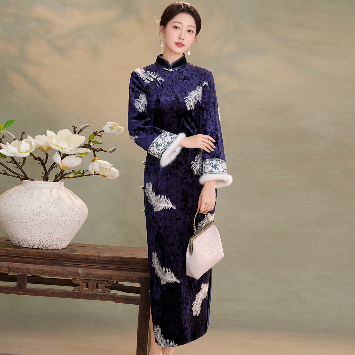 金钻绒立体羽毛旗袍秋冬年轻款女