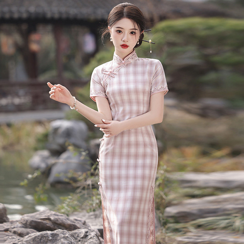 粉色格子超好看旗袍中长款2025年夏季新款清新年轻款少女日常可穿,女装/女士精品,旗袍,淘宝优惠券,粉丝福利购,淘宝优惠卷