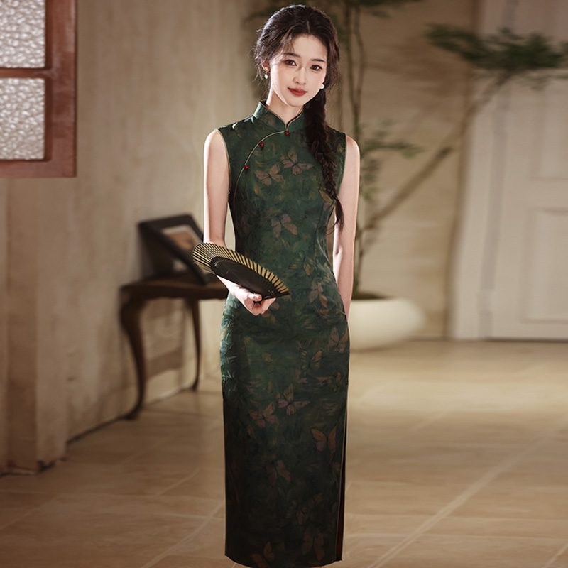 年轻款少女无袖旗袍2025新款夏中长款小个子高端大气上档次墨绿色