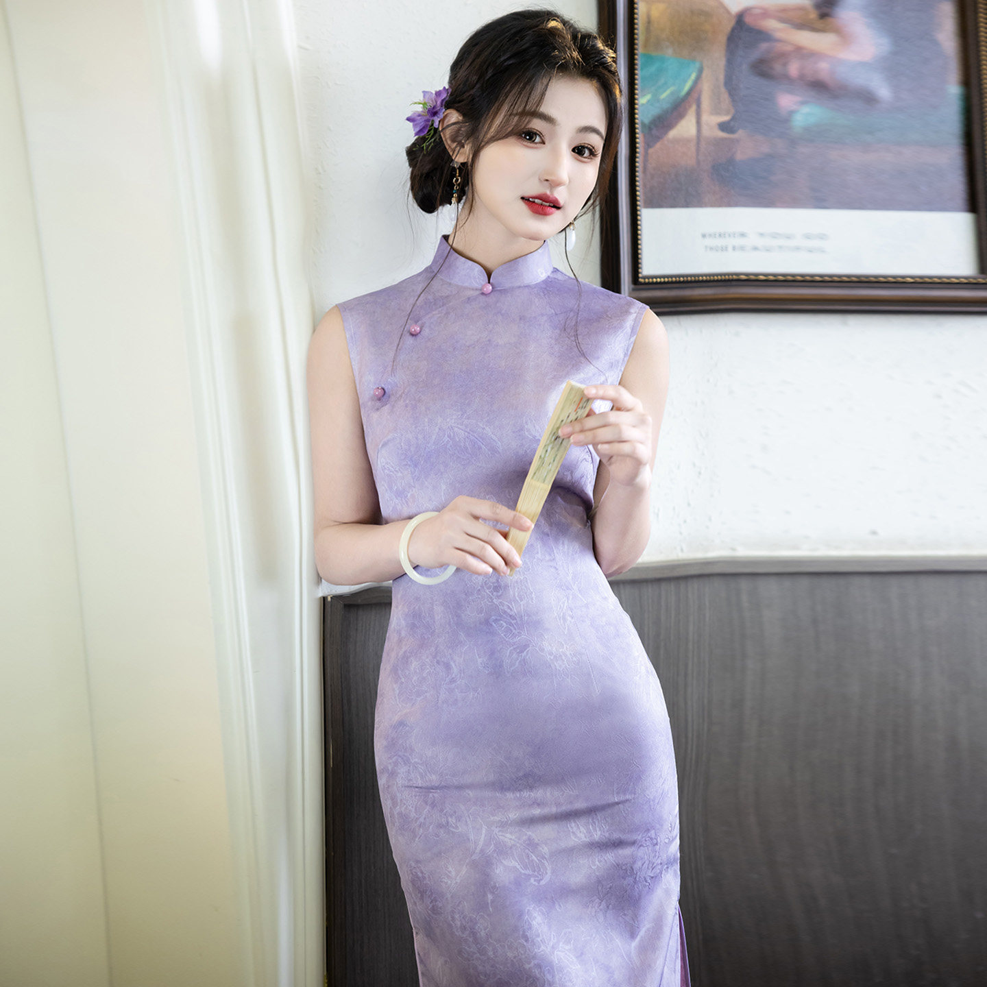 新中式紫色提花年轻款无袖旗袍2026春夏季新款复古国风长款连衣裙