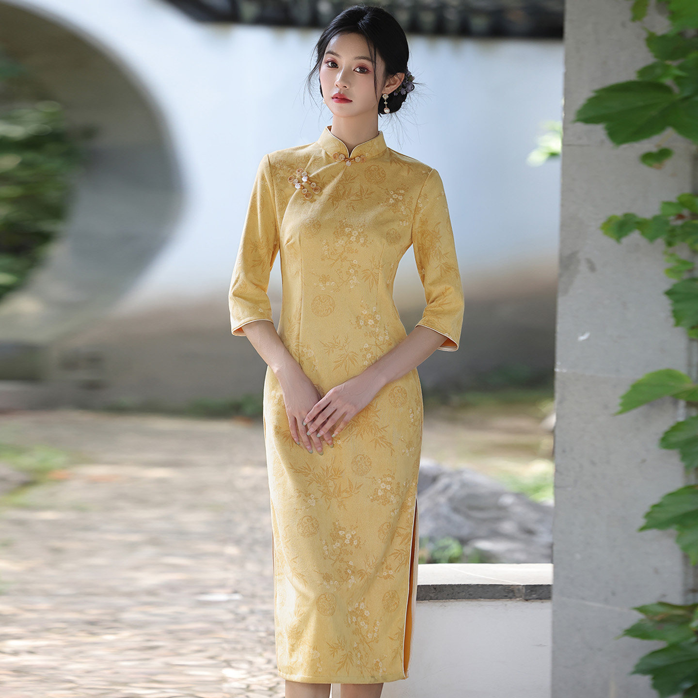 新中式复古国风黄色旗袍春季新款年轻款少女中长款小个子日常可穿