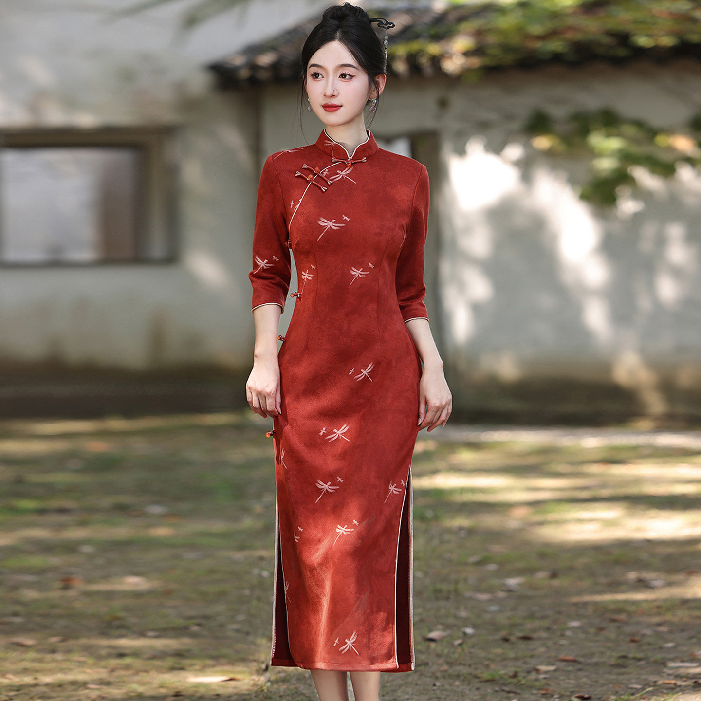 新中式绝美麂皮绒红色旗袍裙2026春季新款年轻款少女小个子民国风