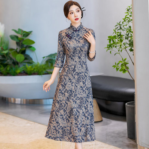大摆显瘦旗袍春秋新款妈妈连衣裙