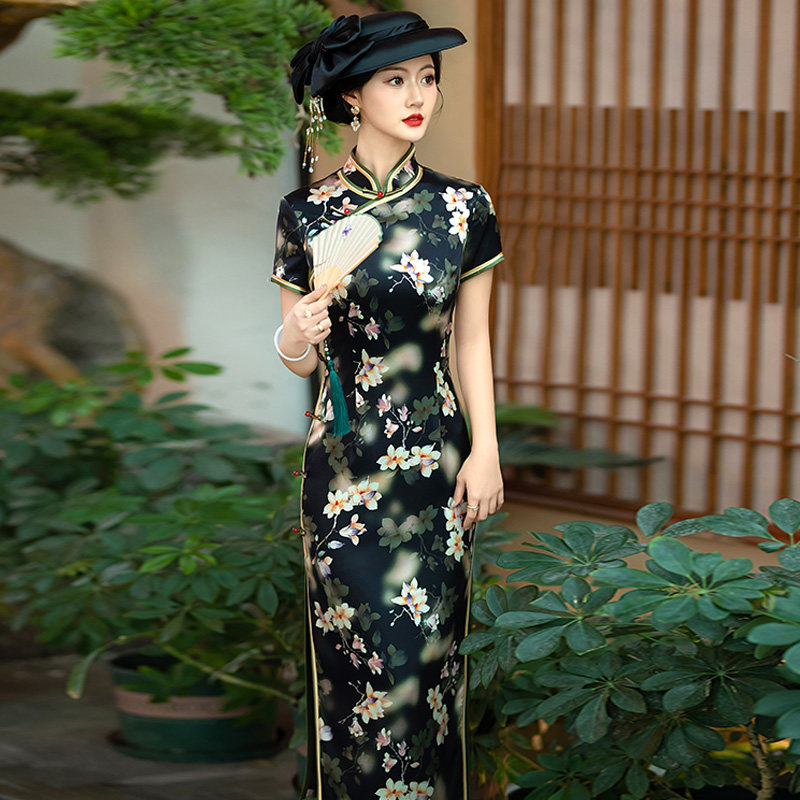 黑色显瘦真丝旗袍长款夏年轻改良
