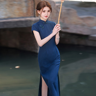 藏青色民国风文艺复古高端茶艺师服装女旗袍2025新款夏季日常可穿