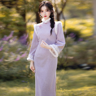绝美水晶绒加厚保暖旗袍裙冬装2025新款年轻款少女紫色新中式改良