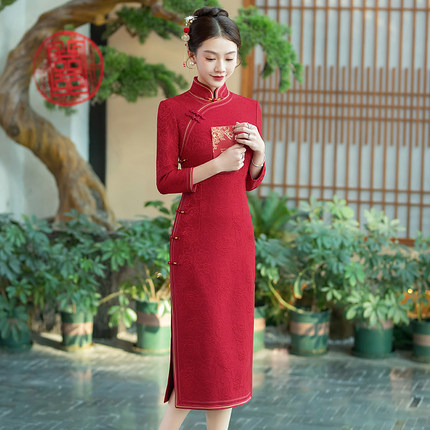 红色旗袍加绒加厚冬季2024新款女中国风结婚宴装礼服中长款敬酒服