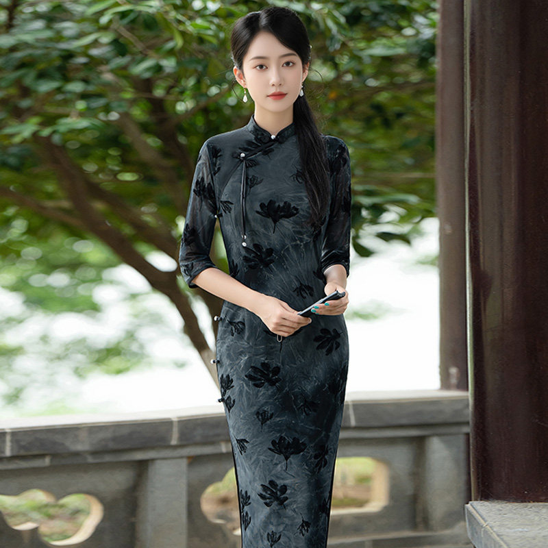 春季新款高档植绒旗袍女复古民国