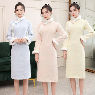 毛呢水貂绒加厚旗袍冬装年轻款少女改良版兔毛领中长款长袖连衣裙