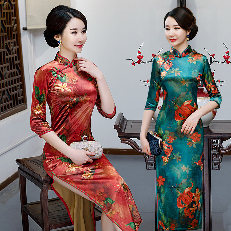 高档金丝绒旗袍春秋款长袖妈妈装
