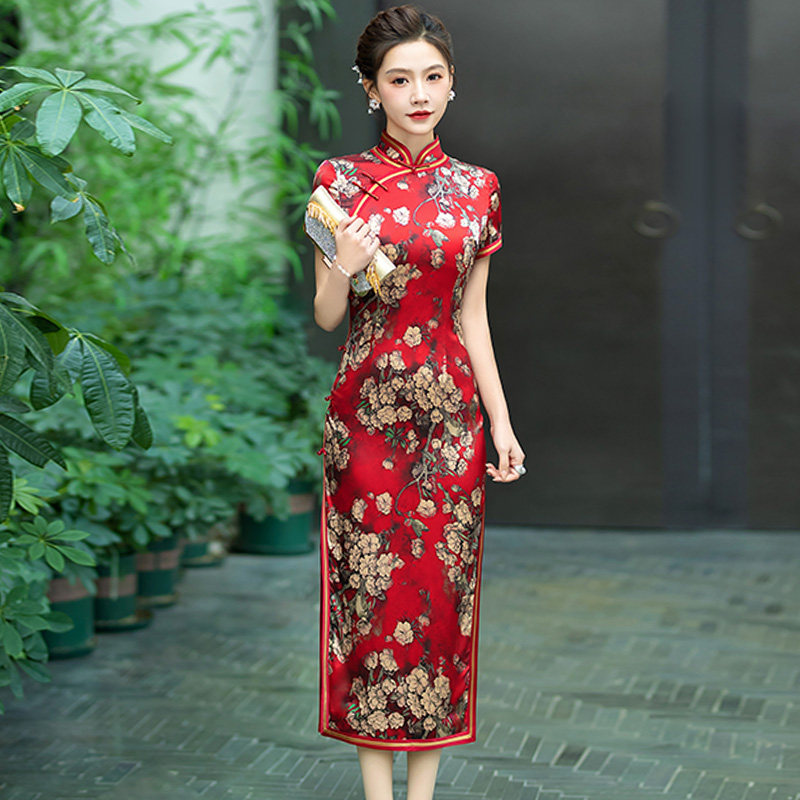 富贵印花真丝旗袍长款夏季2026新款日常可穿红色送考年轻气质高端