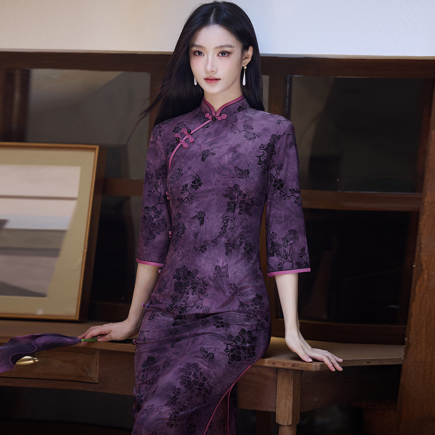 新中式复古扎染紫色旗袍2026新款春季中年妈妈装改良小个子七分袖
