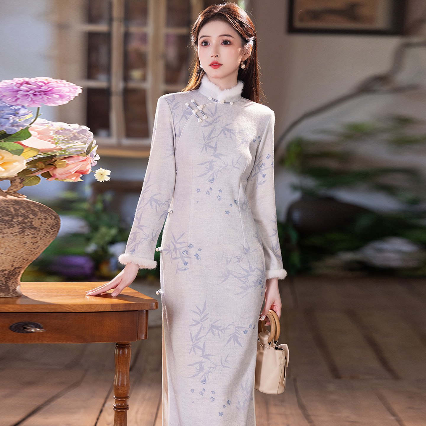 新中式文艺茶花加厚冬季改良旗袍