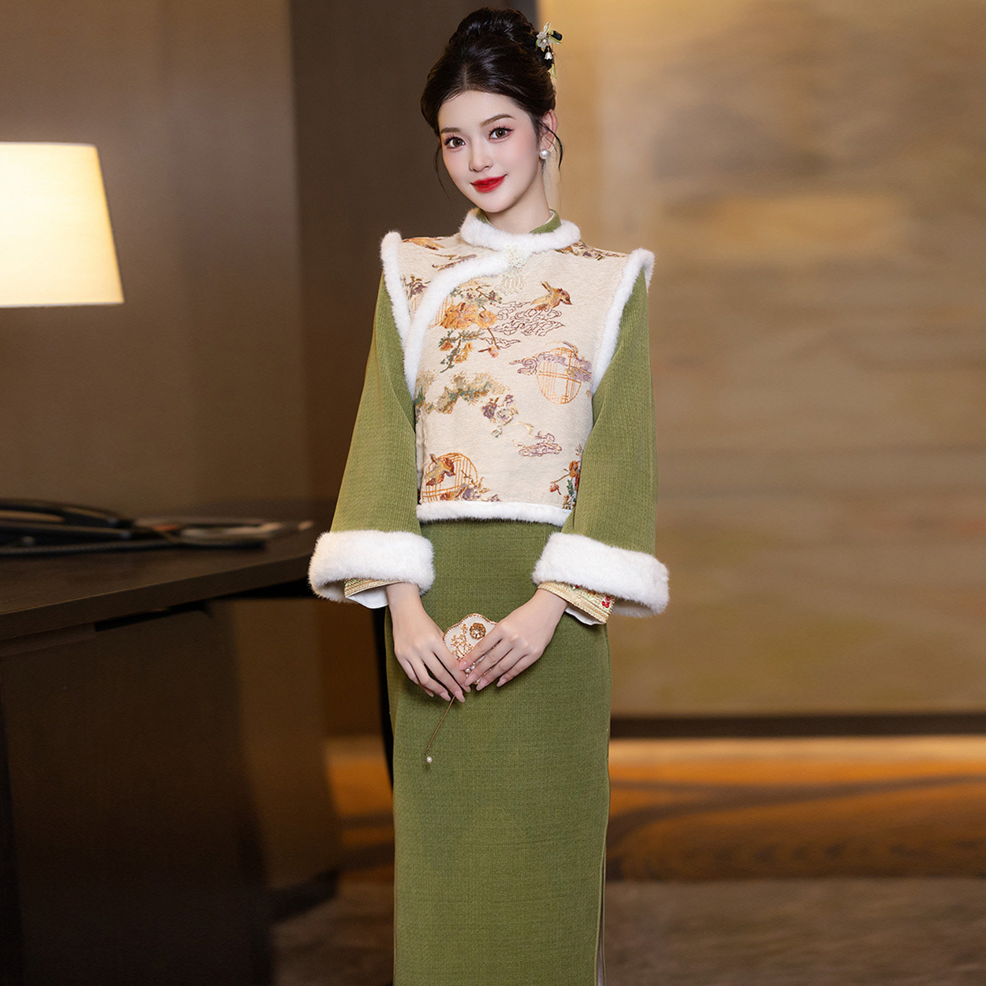 新中式国风欧棉绒旗袍冬装2025新款加绒加厚年轻款女唐装两件套装