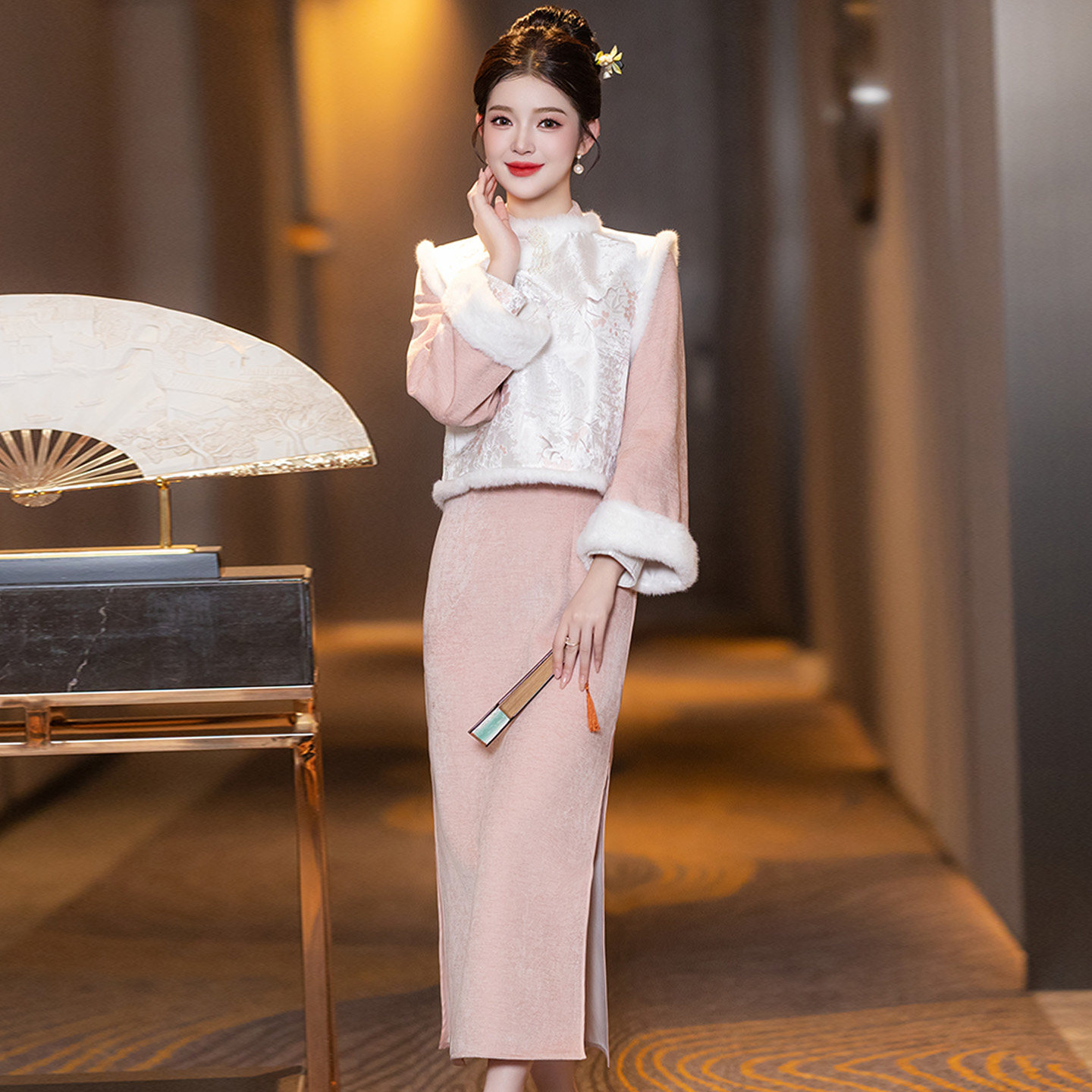 新国风中式欧棉绒旗袍冬装2025新款加绒加厚年轻款高级感马甲套装