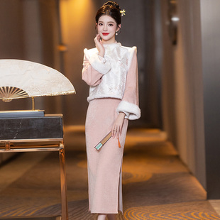 新国风中式欧棉绒旗袍冬装2025新款加绒加厚年轻款高级感马甲套装