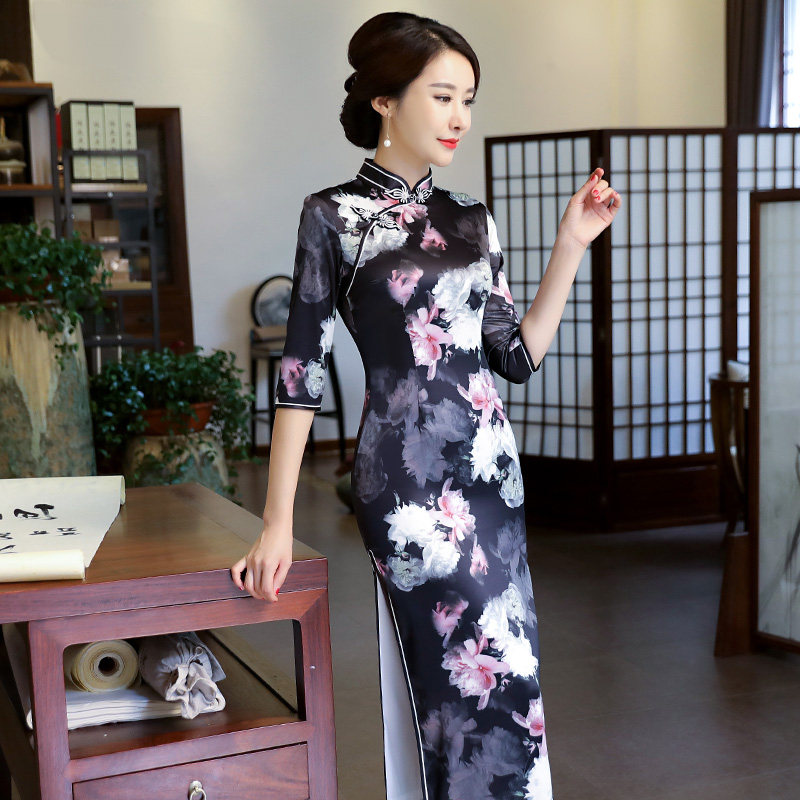 老上海旗袍女2026新款春季双层日常长款香云纱改良旗袍连衣裙长袖