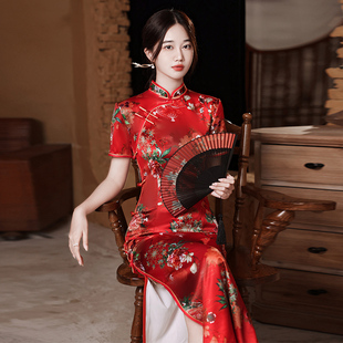 红色旗袍长款夏季新款2025年轻款少女送考喜庆结婚宴走秀表演礼服