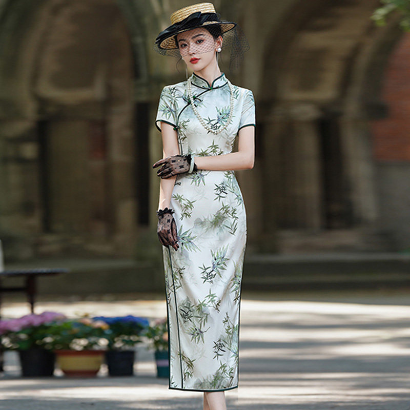 绿叶竹高端真丝桑蚕丝旗袍长款2025新款夏季年轻款高端大气上档次