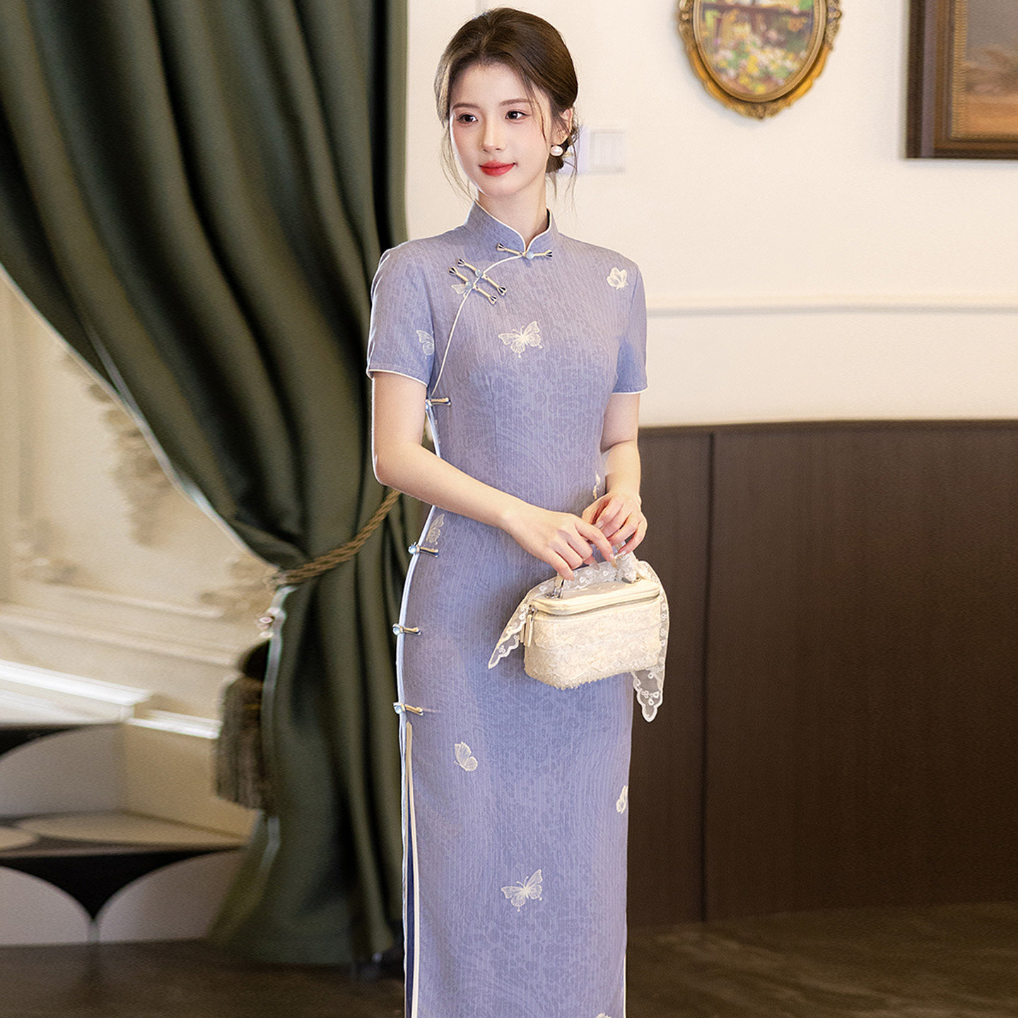 浅紫色绝美棉麻印花旗袍夏女2026新款新中式年轻款日常可穿连衣裙