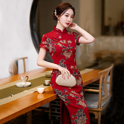 高档花罗旗袍长款短袖夏新款红色