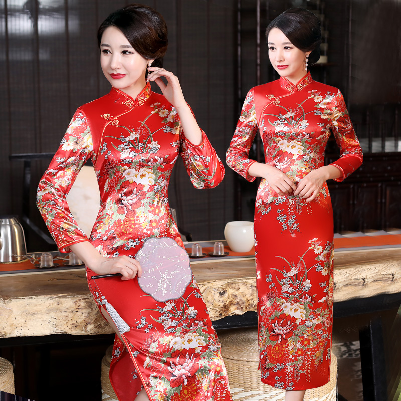 红色旗袍改良连衣裙女2025年春季新款优雅真丝旗袍中长款长袖礼服