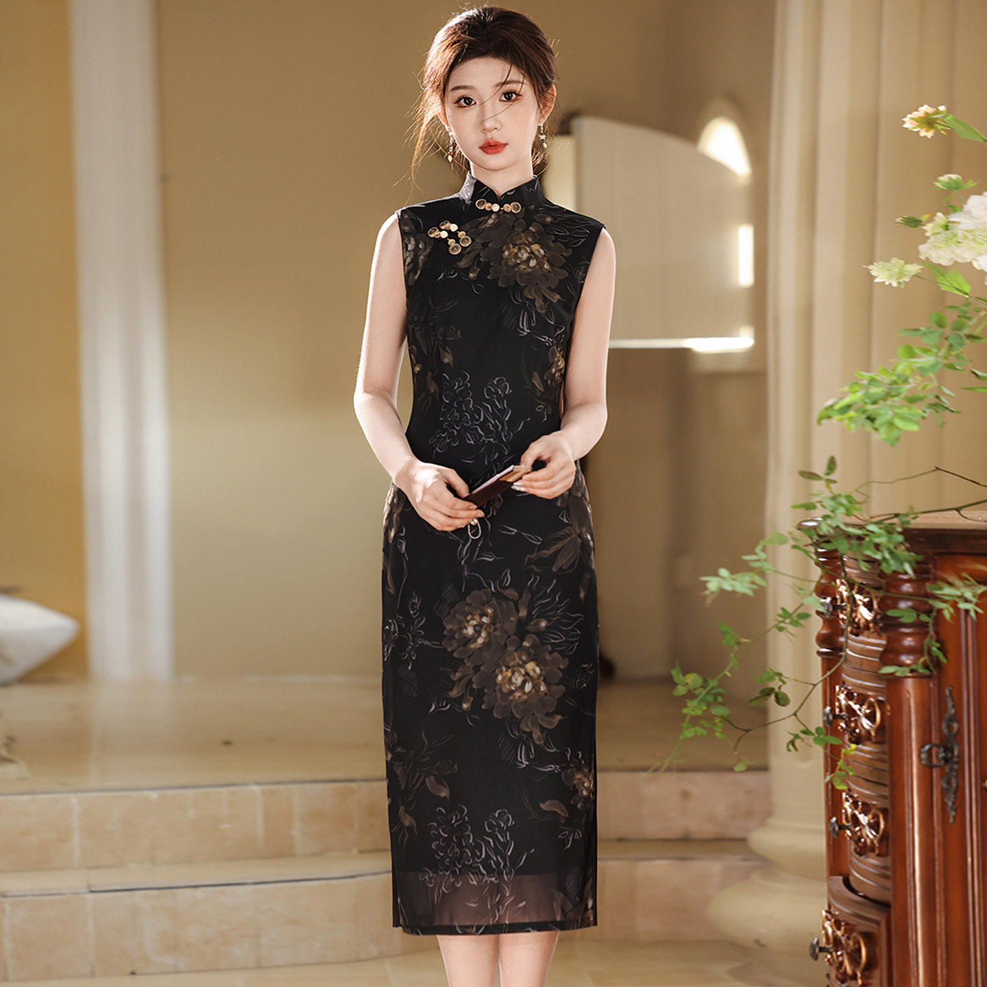 新中式复古国风网纱无袖旗袍女2025新款夏季中长款小个子日常可穿