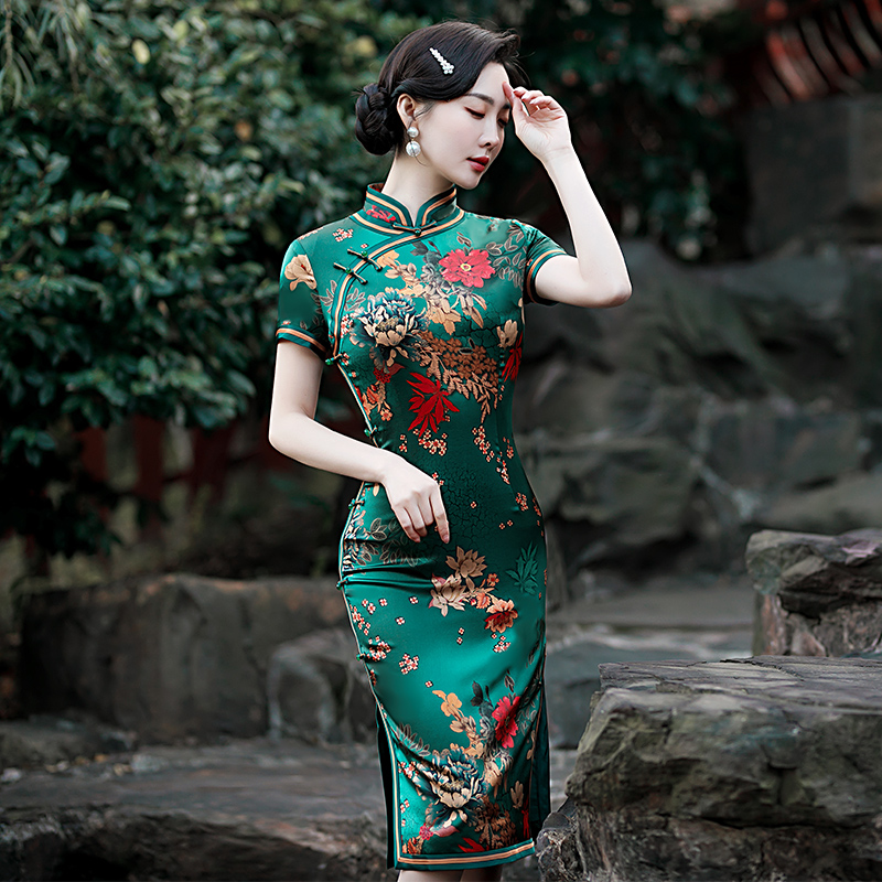 绿色真丝旗袍女2025年夏季新款短款小个子日常复古国风高端桑蚕丝