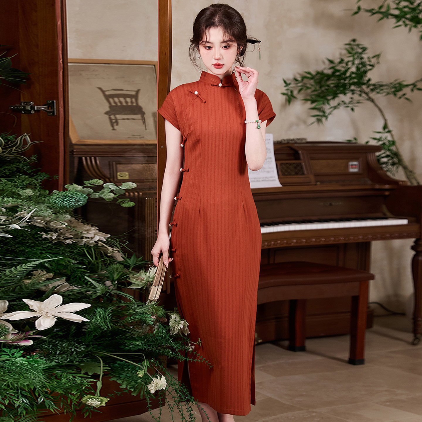 朱砂红旗袍女夏高考送考旗开得胜