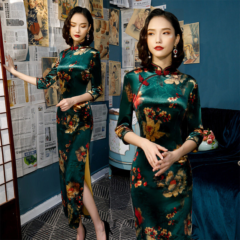 七分袖中老年妈妈大码旗袍女春季
