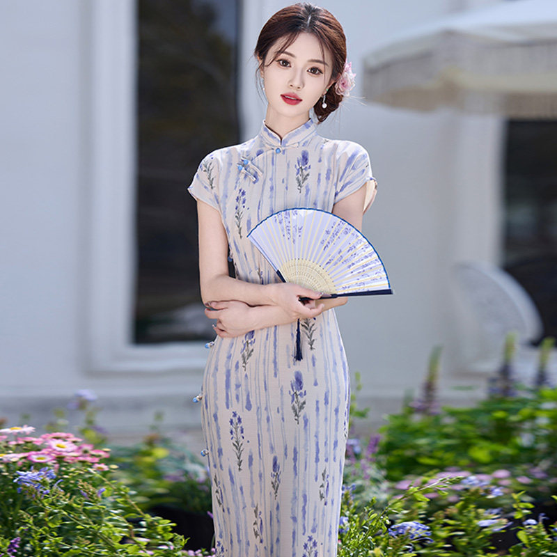 清新条纹竹节麻旗袍2026新款日常