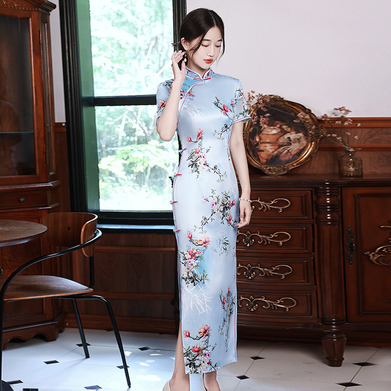夏季真丝绸少女性感清新旗袍