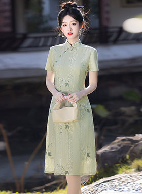 清新浅绿蕾丝改良奥黛旗袍裙夏季