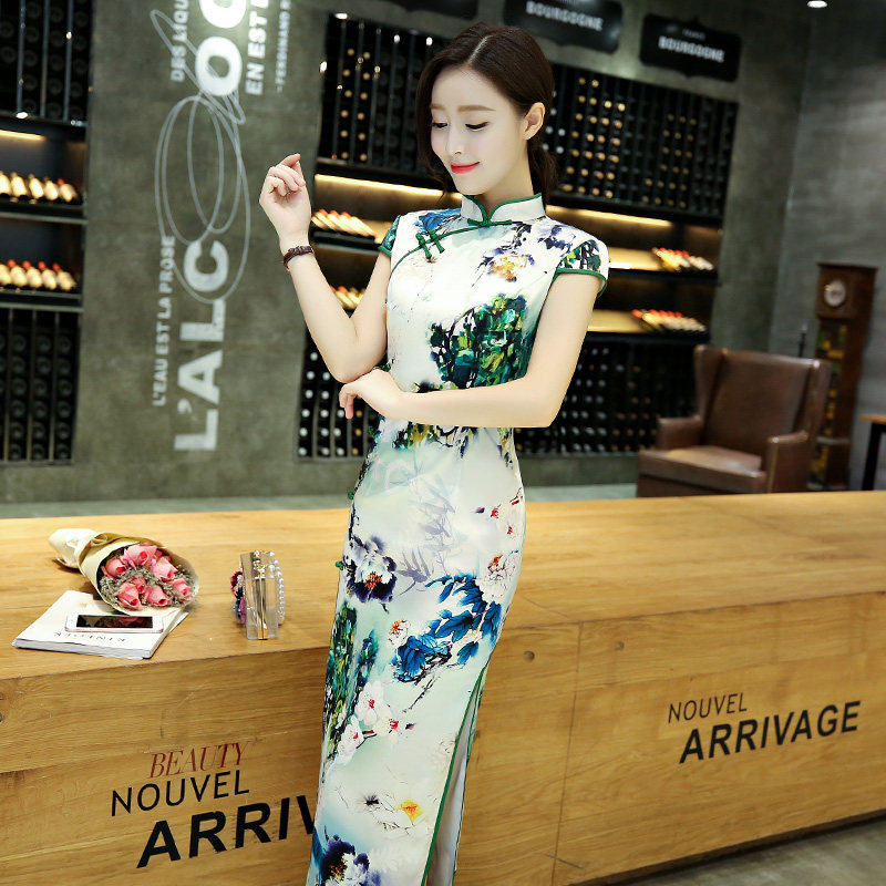 旗袍长款夏季2025新款少女桑蚕丝修身优雅性感日常旗袍连衣裙显瘦