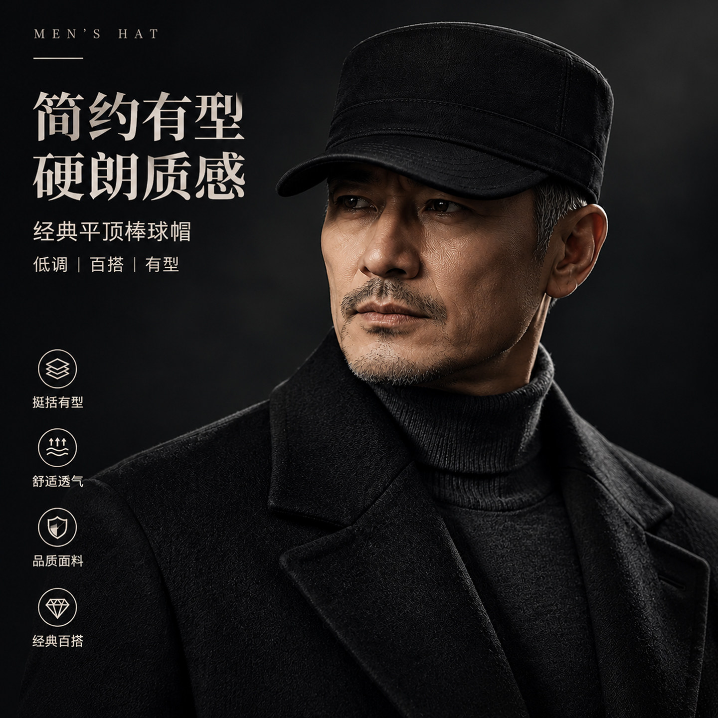 秋冬款男士帽子平顶帽黑色硬朗质感简约百搭棒球帽中老年休闲透气