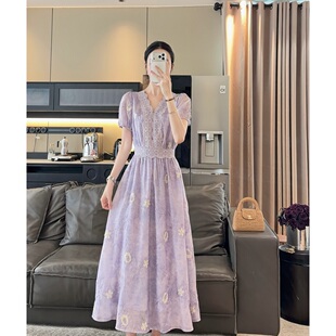 Zwinnie/詹维尼【暮藤紫刺绣】短袖V领轻奢高级感连衣裙GJE202617