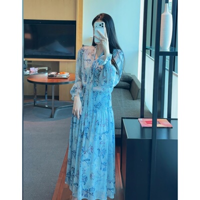 Zwinnie/詹维尼【夏夜】碎花收腰长袖显瘦度假风连衣裙 GYS202645