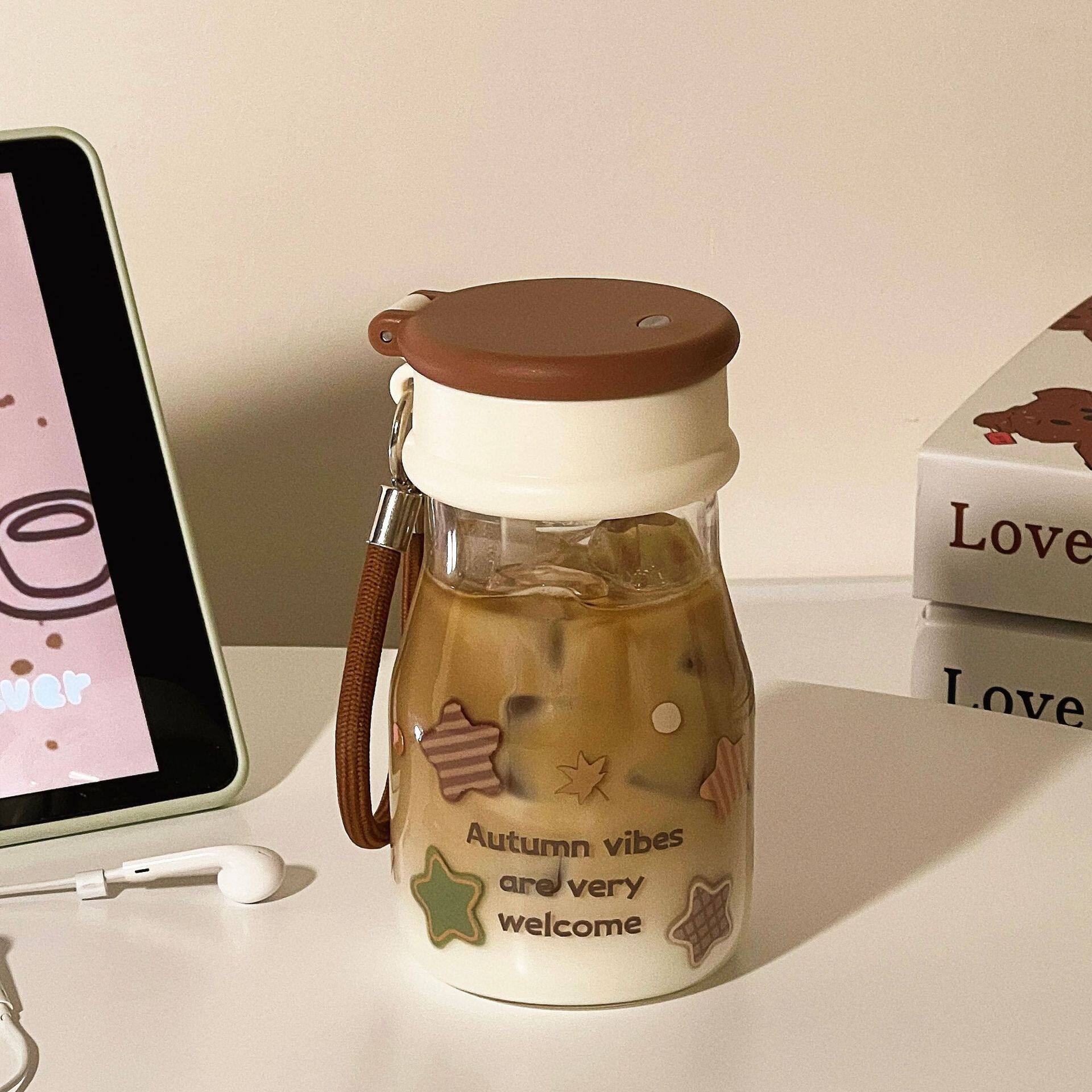 2026新款高颜值星星牛奶玻璃杯女生便携圆柱早餐双饮口防漏透明杯