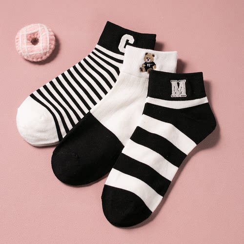 夏季女小熊刺绣袜子黑白条纹