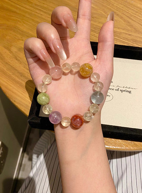 天然彩虹多宝水晶手串手链女款招财转运珠黄粉晶胶花紫晶生日礼物