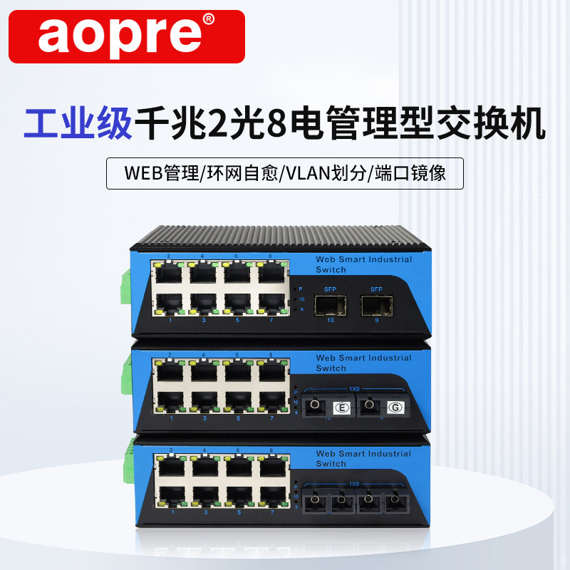 aopre欧柏工业级千兆2光8电光纤收发器环网Web管理卡轨VLAN隔离环网收发器导轨式监控网络收发器铝合金SFP口