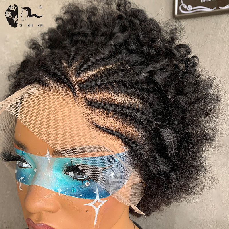 13*4 Afro braids human hair Frontal lace wigs真人发爆炸头套