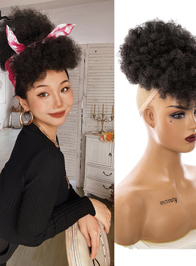 Afro kinky curly headband wigs clips hair puff非洲假发苞马尾