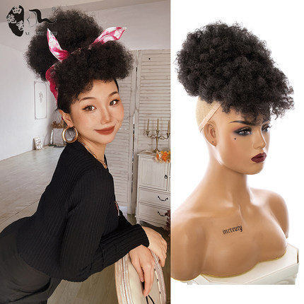 Afro kinky curly headband wigs clips hair puff非洲假发苞马尾