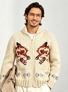 男士春季狐狸提花拉链针织开衫