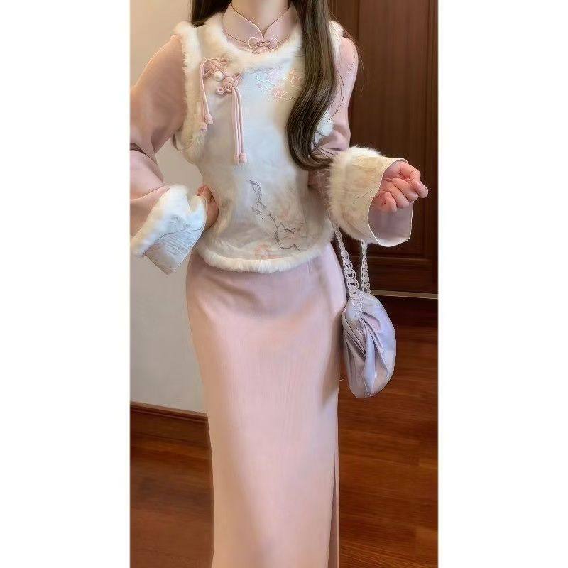 复古风粉白梅花长短马甲搭配旗袍裙套装新中式加绒2025秋冬季新款
