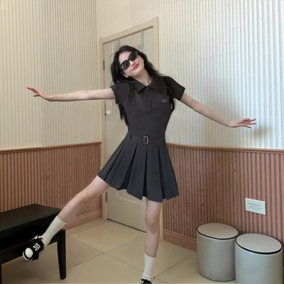 送腰带短袖衬衫连衣裙2026夏季学院风气质收腰百褶灰色短裙D1165A