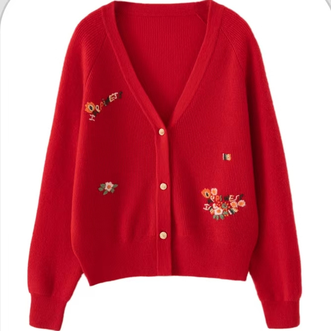 纯山羊绒 V领刺绣女士羊绒开衫